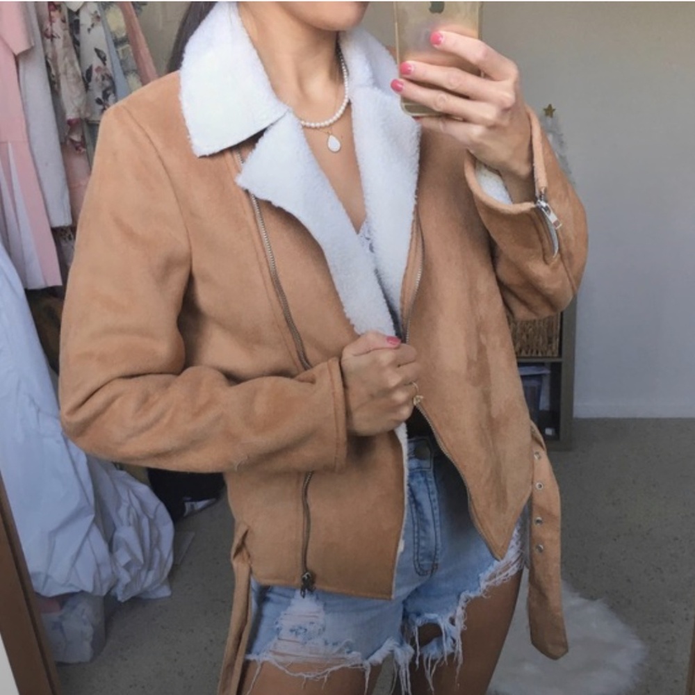 F21 Faux Suede Shearling Jacket Moto Biker Forever 21 Brown White Belted Small S